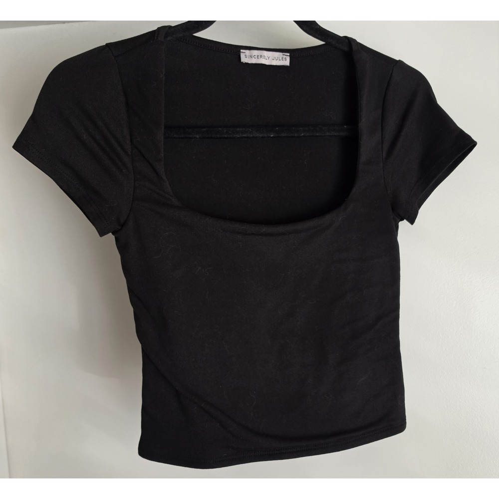 Sincerely Jules Women Black Top Short Sleeve Blouse Square Neck